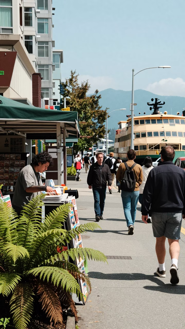 Busy Vancouver Street Scene with Ferns and Ferry in Background Under Noon Glare in in Vancouver, British Columbia, Canada