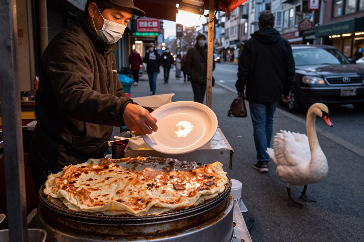 Busy Vancouver Street Scene with Jianbing Crepe and Swan Pedal Boat in Copper Light in in Vancouver, British Columbia, Canada