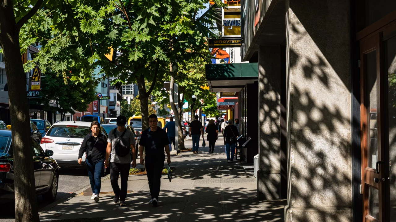 Busy Vancouver Street Scene with Leaf Shadows and Local Commerce at Midday in in Vancouver, British Columbia, Canada