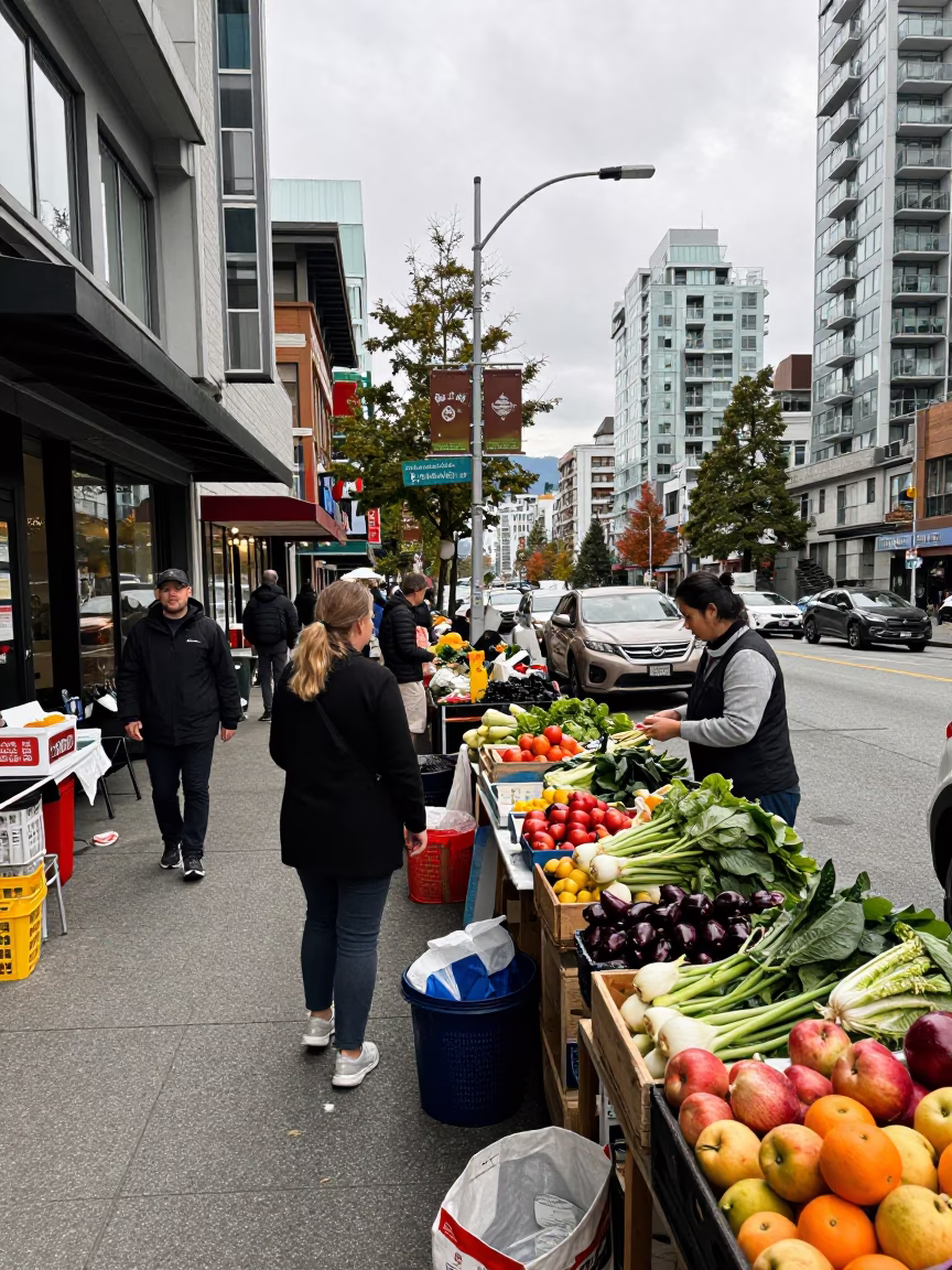 Busy Vancouver Street Scene with Local Market Goods and Rain Puddles in Late Morning in in Vancouver, British Columbia, Canada