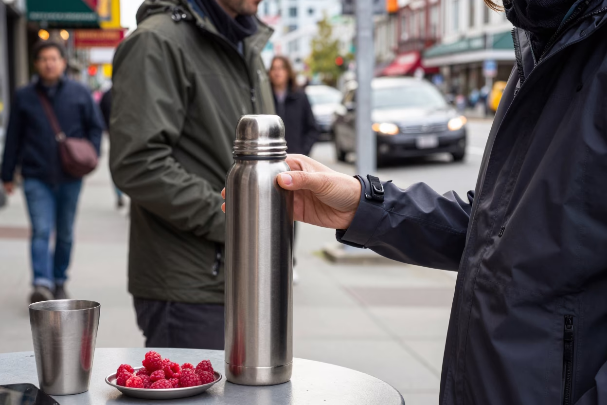 Busy Vancouver Street Scene with Thermos and Raspberries Near University District in in Vancouver, British Columbia, Canada