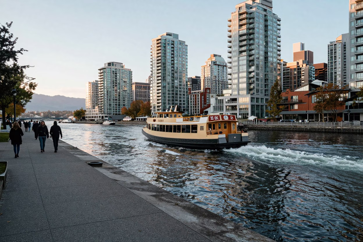 Busy Vancouver Waterfront Street Scene with Water Taxi and Local Details in in Vancouver, British Columbia, Canada