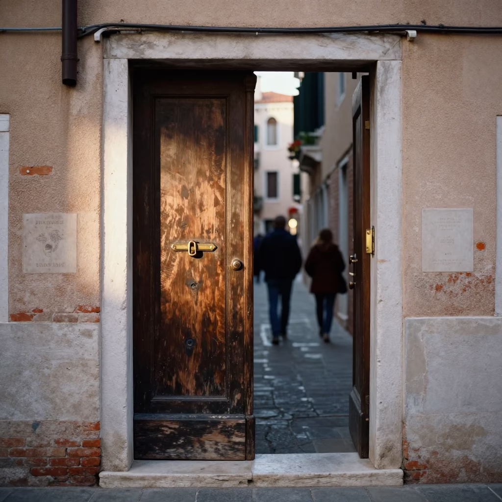 Busy Venetian Alleyway at First Light with Door Latch and Garden Hose in in Venice, Italy