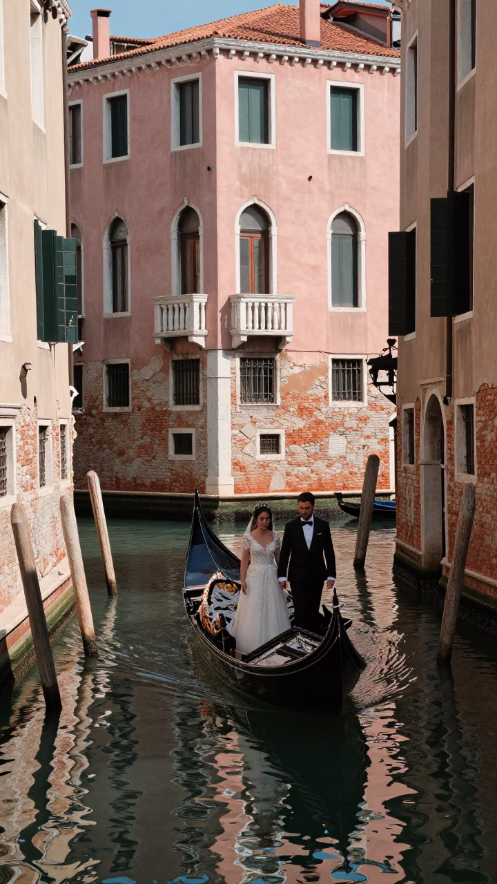 Busy Venetian Canal Midday Scene with Traditional Wedding Procession and Historic Architecture in in Venice, Italy