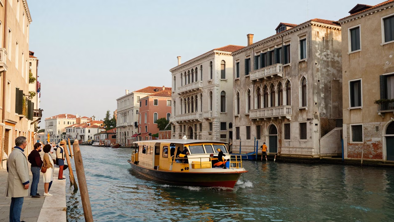 Busy Venetian Canal Scene Late Afternoon with Catamaran Ferry and Tourists in 1970s Style in in Venice, Italy