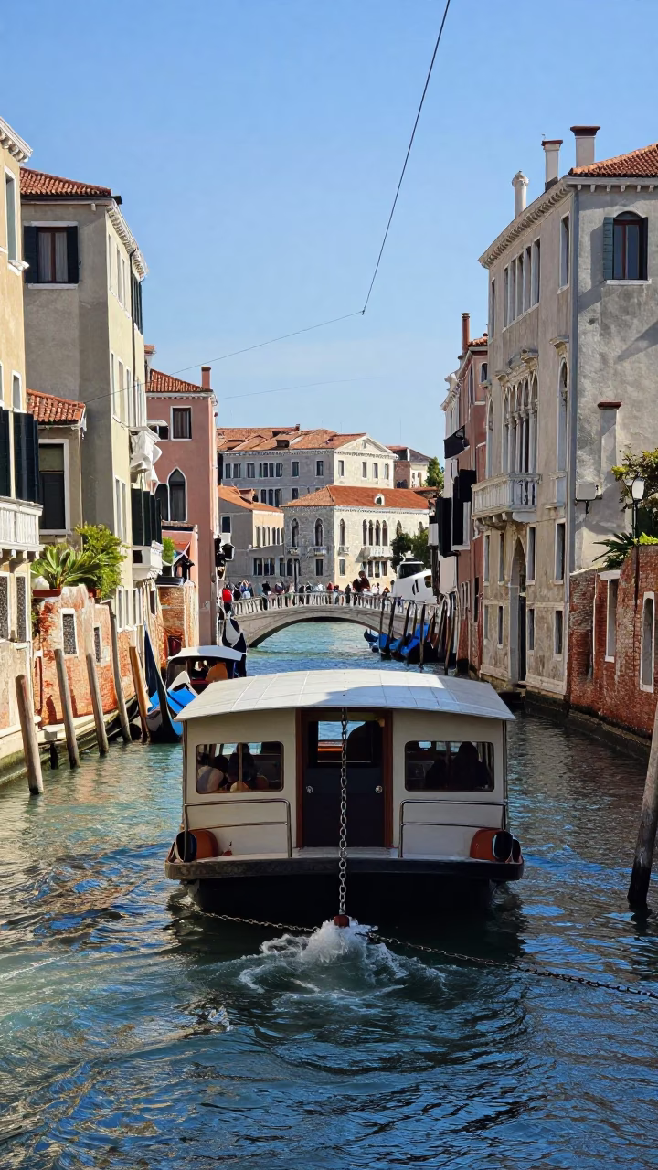 Busy Venetian Canal Scene with Chain Ferry and Colorful Buildings in Bright Midmorning Light in in Venice, Italy