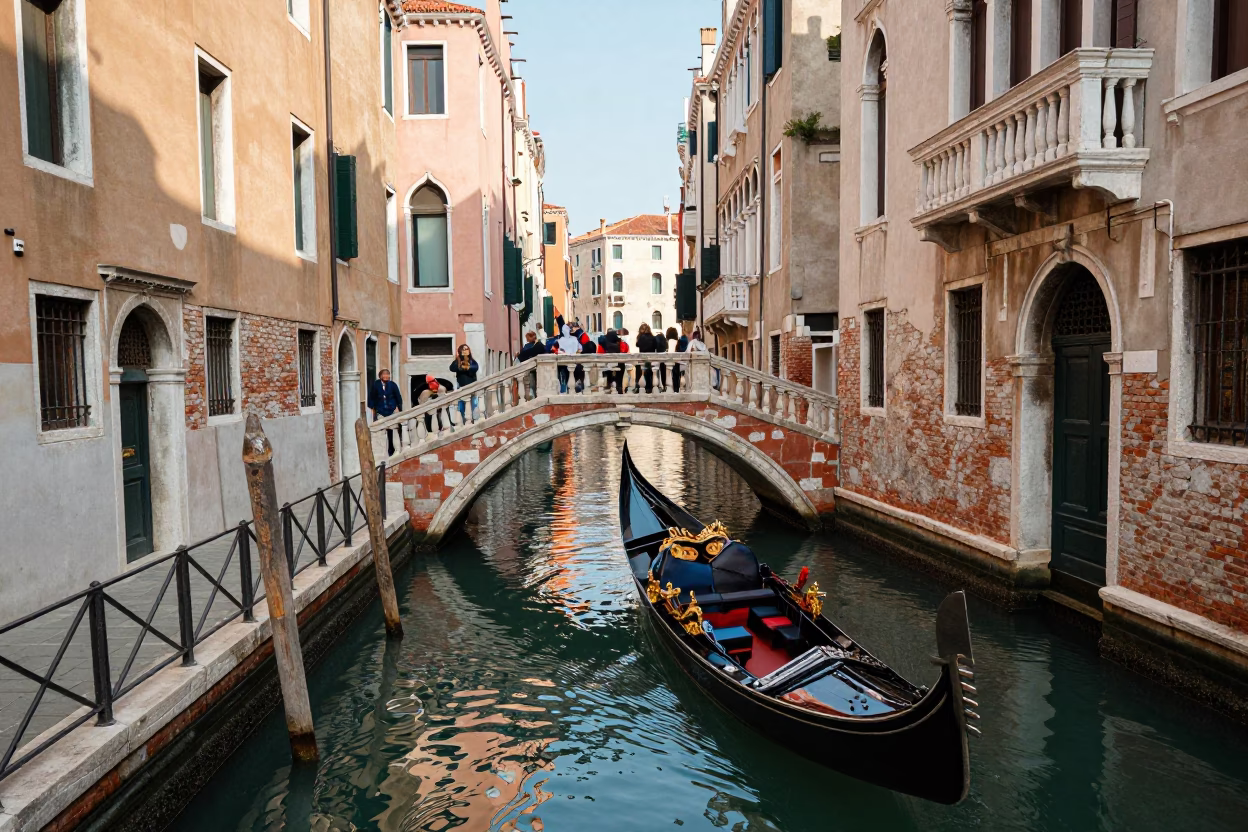 Busy Venetian Canal Scene with Gondola and Historic Architecture in Late Morning in in Venice, Italy