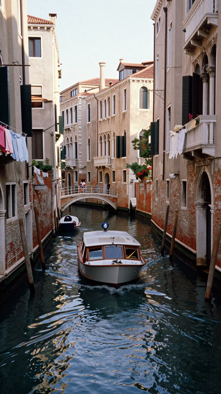Busy Venetian Canal Scene with Mail Boat Arrival in Early Afternoon Light in in Venice, Italy