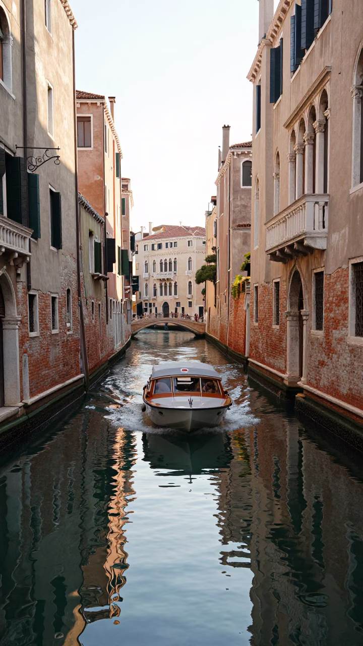 Busy Venetian Canals with Catamaran and Historic Architecture in Late Morning Light in in Venice, Italy