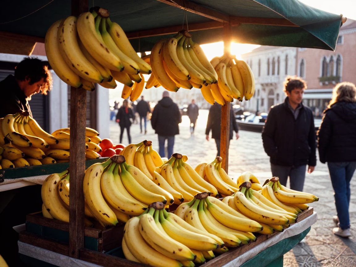 Busy Venetian Market Stall After Sunrise with Bananas and Local Commerce in in Venice, Italy