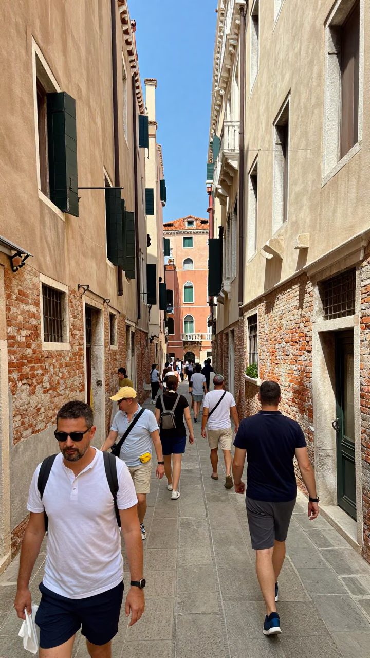 Busy Venetian Midday Scene with Tourists and Canal Reflections in in Venice, Italy
