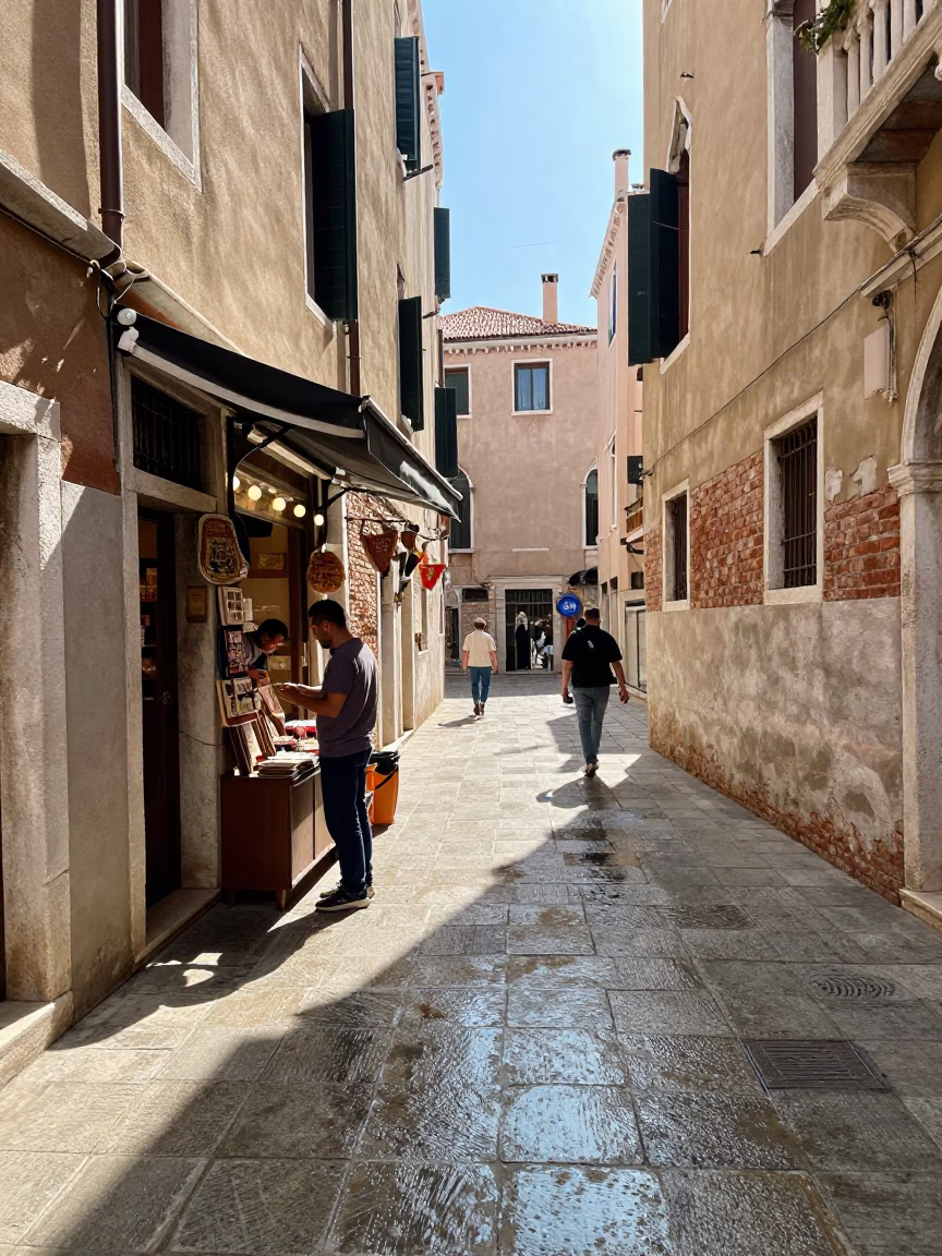 Busy Venetian Midday Street Scene with Local Shop and Passerby in Italy in in Venice, Italy