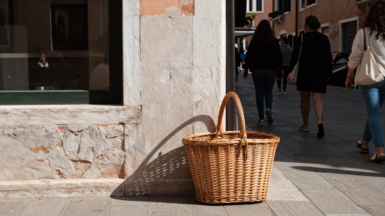 Busy Venetian Midday Street Scene with Wicker Basket and Traditional Architecture in in Venice, Italy