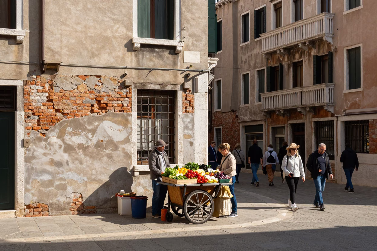Busy Venetian Street Corner in Bright Midmorning Light with Local Details in in Venice, Italy