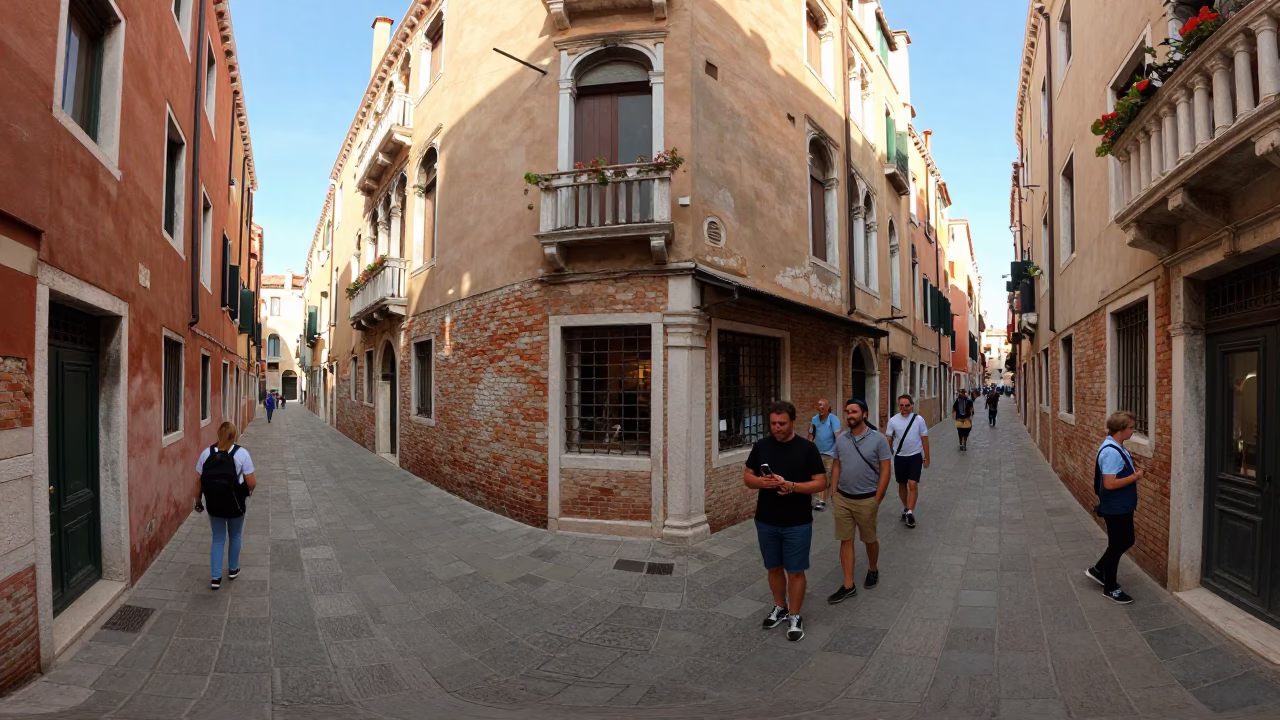 Busy Venetian Street Corner Late Morning Light with Traditional Architecture and Daily Life in in Venice, Italy