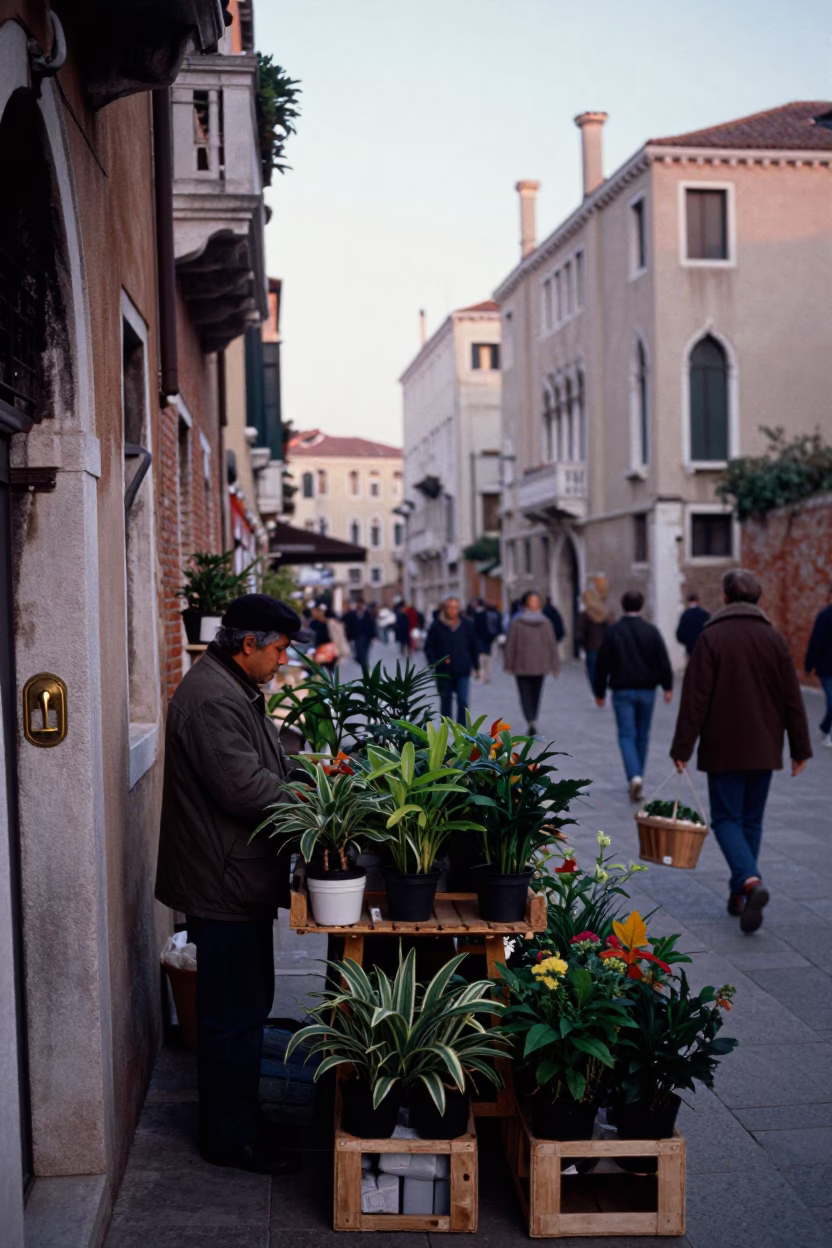 Busy Venetian Street Scene at Dawn with Houseplants and Door Latch Details in in Venice, Italy