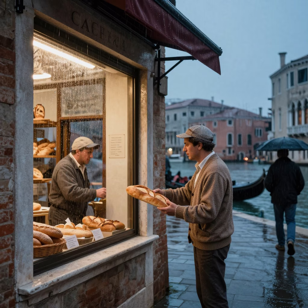 Busy Venetian Street Scene at Dusk with Rain and Local Interaction in in Venice, Italy