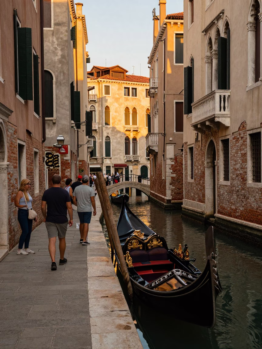 Busy Venetian Street Scene at Golden Hour with Tourists and Local Life in in Venice, Italy
