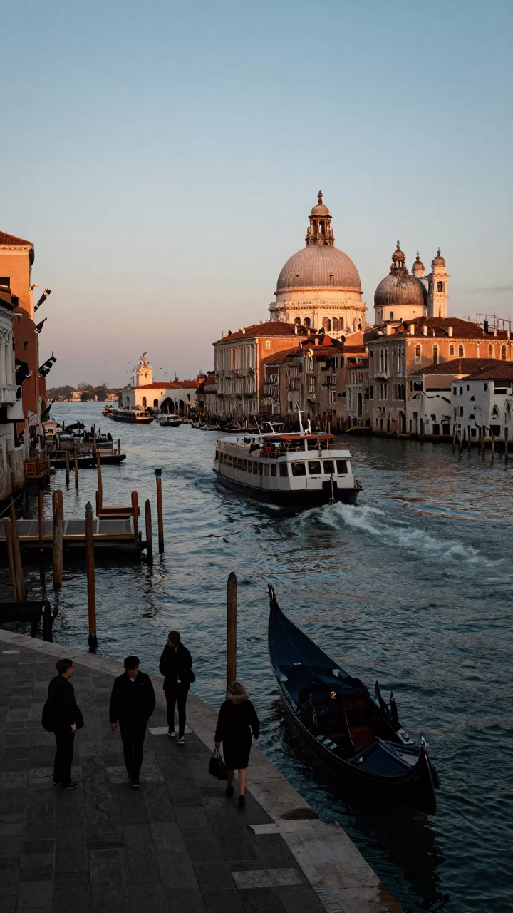 Busy Venetian Street Scene at Nautical Dawn with Ferry and Local Life in in Venice, Italy