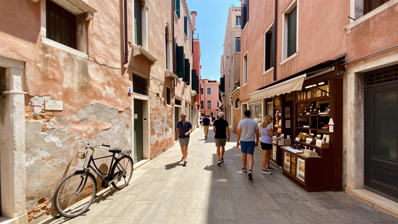 Busy Venetian Street Scene at Noon with Vintage Bicycle and Apples in in Venice, Italy