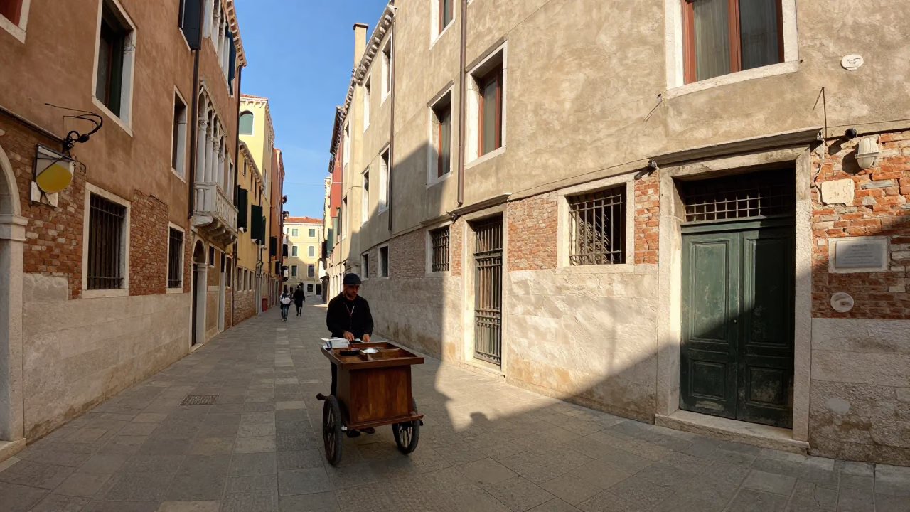 Busy Venetian Street Scene in Late Afternoon Light with Glassware and Brass Details in in Venice, Italy