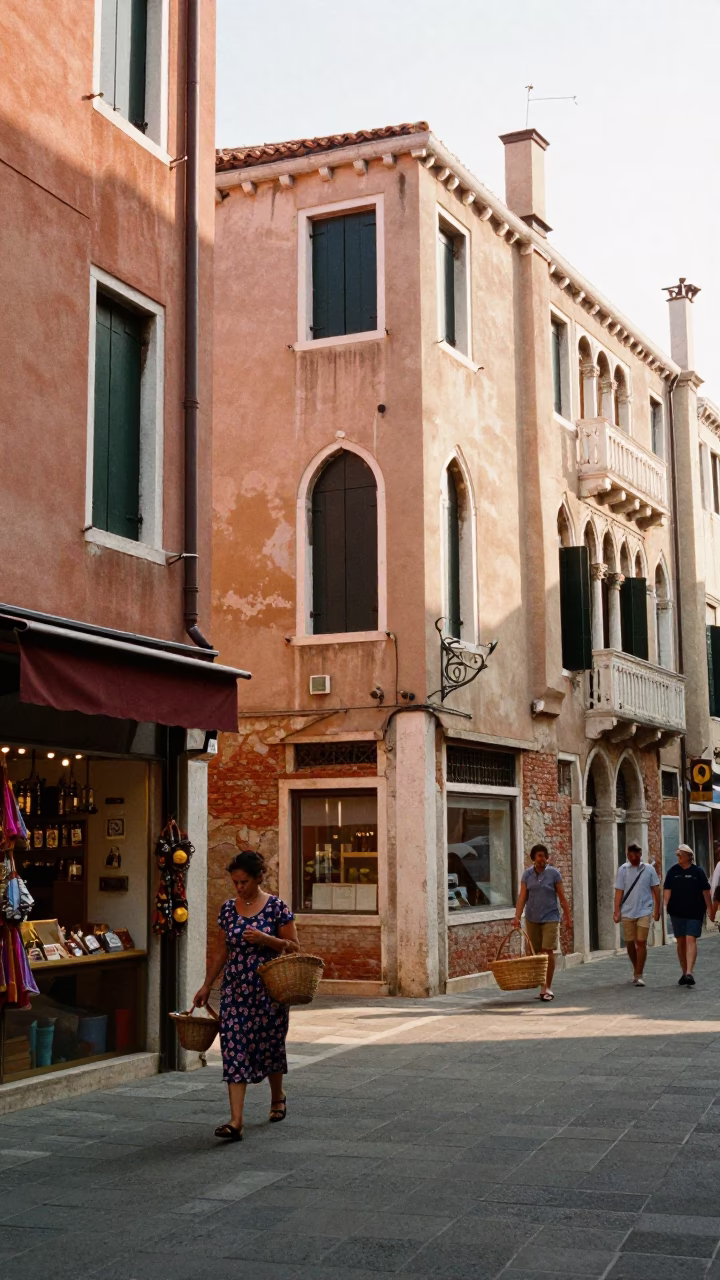 Busy Venetian Street Scene Just After Sunrise with Colorful Shutters and Local Life in in Venice, Italy