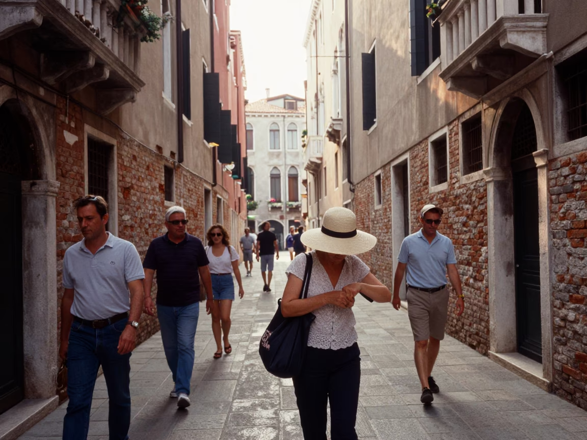 Busy Venetian Street Scene Just After Sunrise With Tourists And Local Life in in Venice, Italy