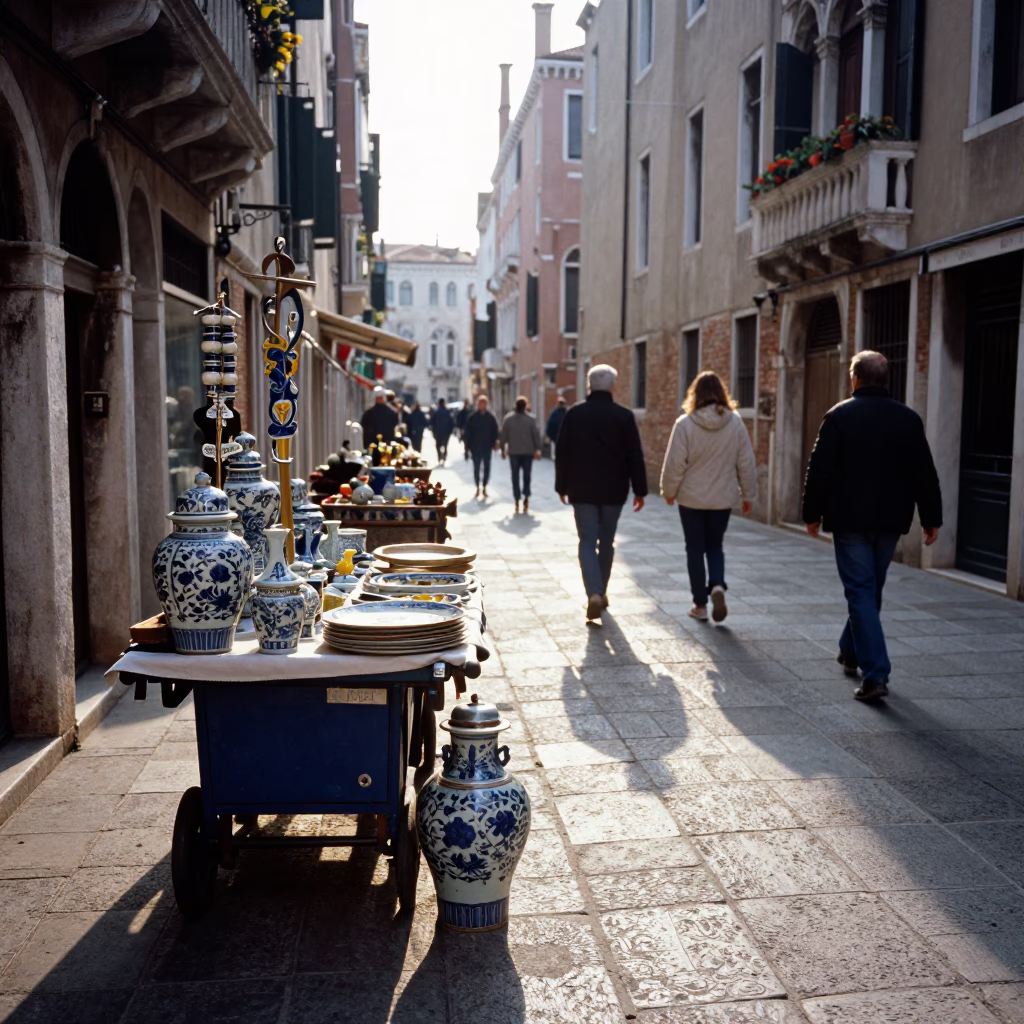 Busy Venetian Street Scene Late Morning with Porcelain Jar and Blue White Plate in in Venice, Italy