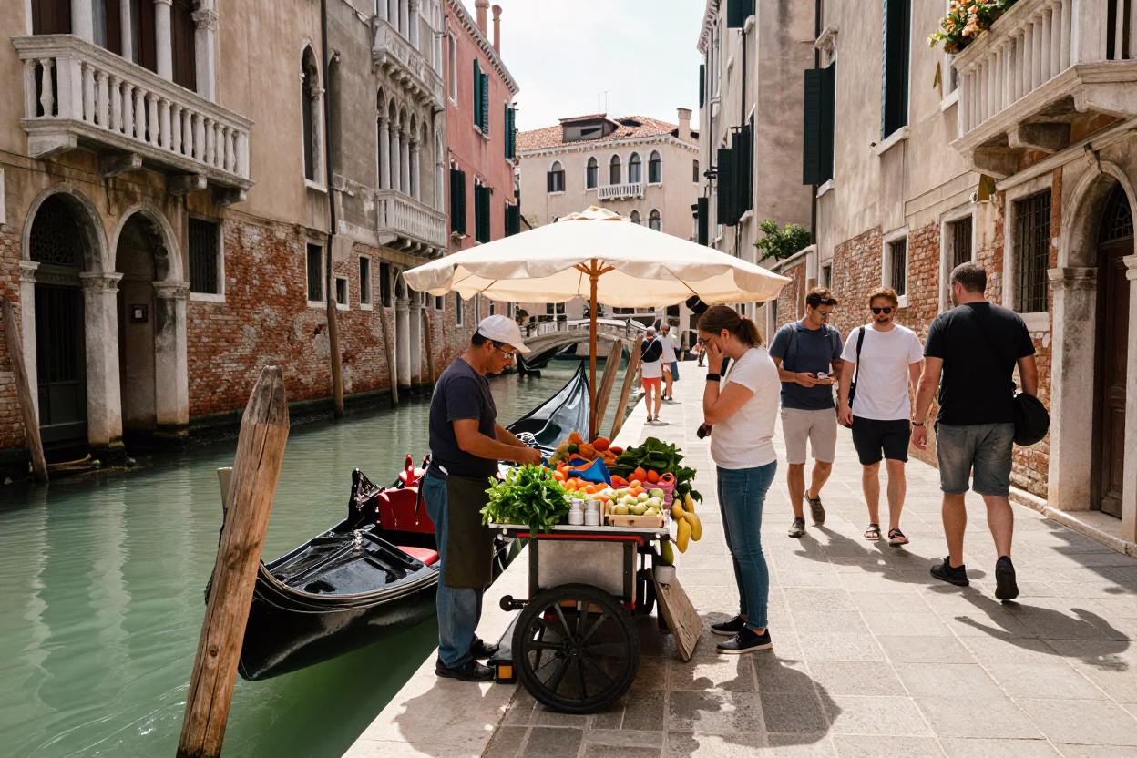 Busy Venetian Street Scene with Canal and Wooden Gates at Midday in in Venice, Italy
