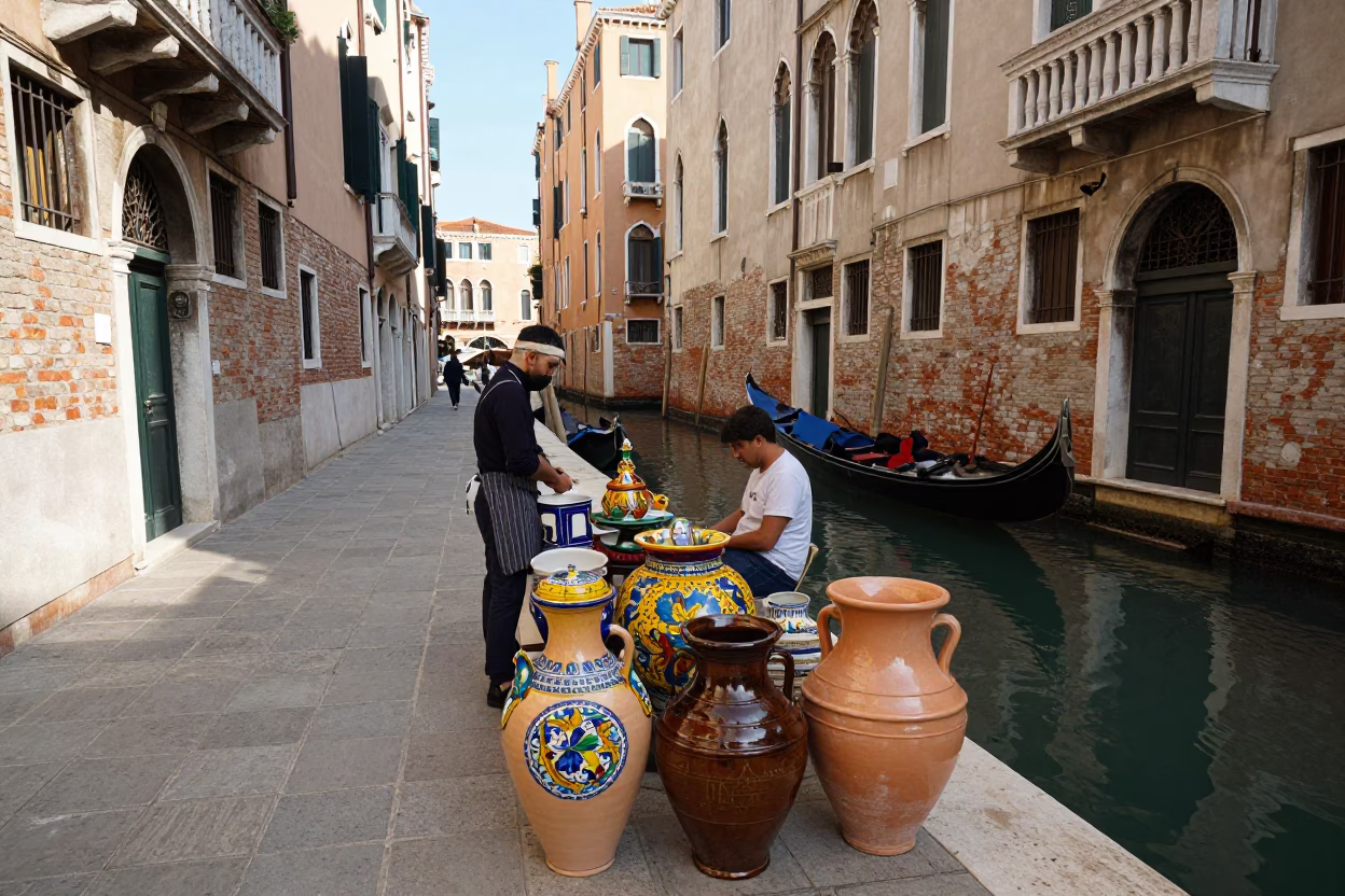 Busy Venetian Street Scene with Vintage Majolica and Stoneware in Late Afternoon Light in in Venice, Italy