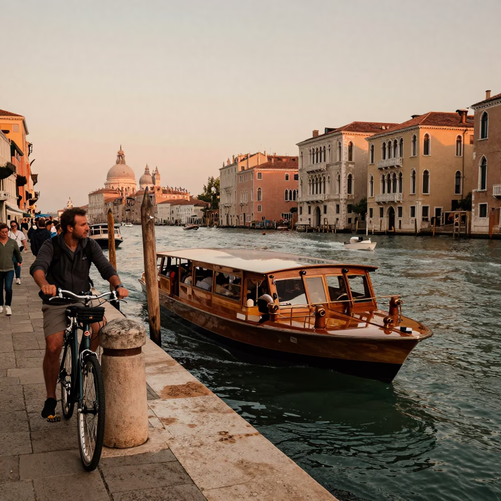 Busy Venetian Water Taxi Dock Before Dusk with Cyclist and Local Life in in Venice, Italy