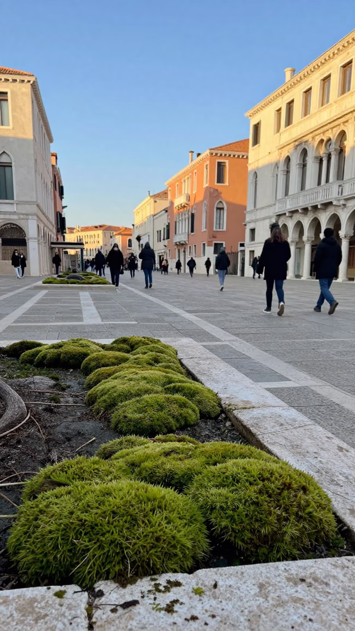 Busy Venice Piazza Late Afternoon Street Scene with Moss and Mug in in Venice, Italy