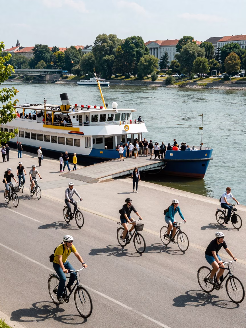 Busy Vienna Austria Midday Street Scene with Ferry and Cyclists in in Vienna, Austria