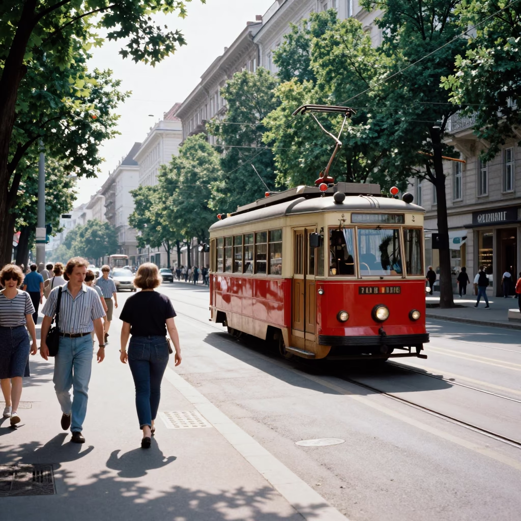 Busy Vienna Austria Midmorning Street Scene with Vintage Trolley and Local Life in in Vienna, Austria