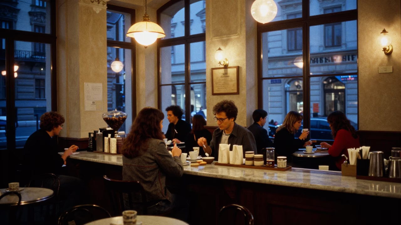 Busy Vienna Cafe Interior at Blue Hour with Lacquered Counter and Vintage Details in in Vienna, Austria