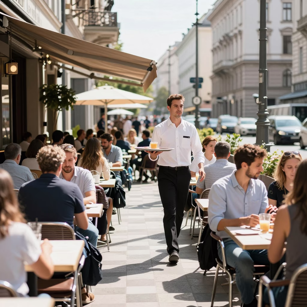 Busy Vienna Cafe Terrace Midmorning with Patrons and Urban Street Life in in Vienna, Austria
