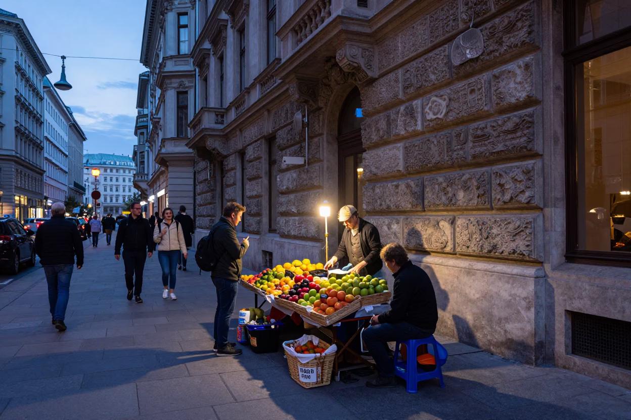 Busy Vienna Evening Street Scene with Fruit Vendor and Blue Hour Light in in Vienna, Austria