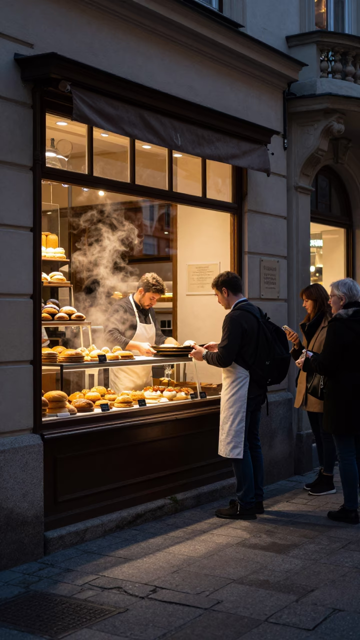 Busy Vienna Evening Street Scene with Pastries and Vintage Atmosphere in in Vienna, Austria