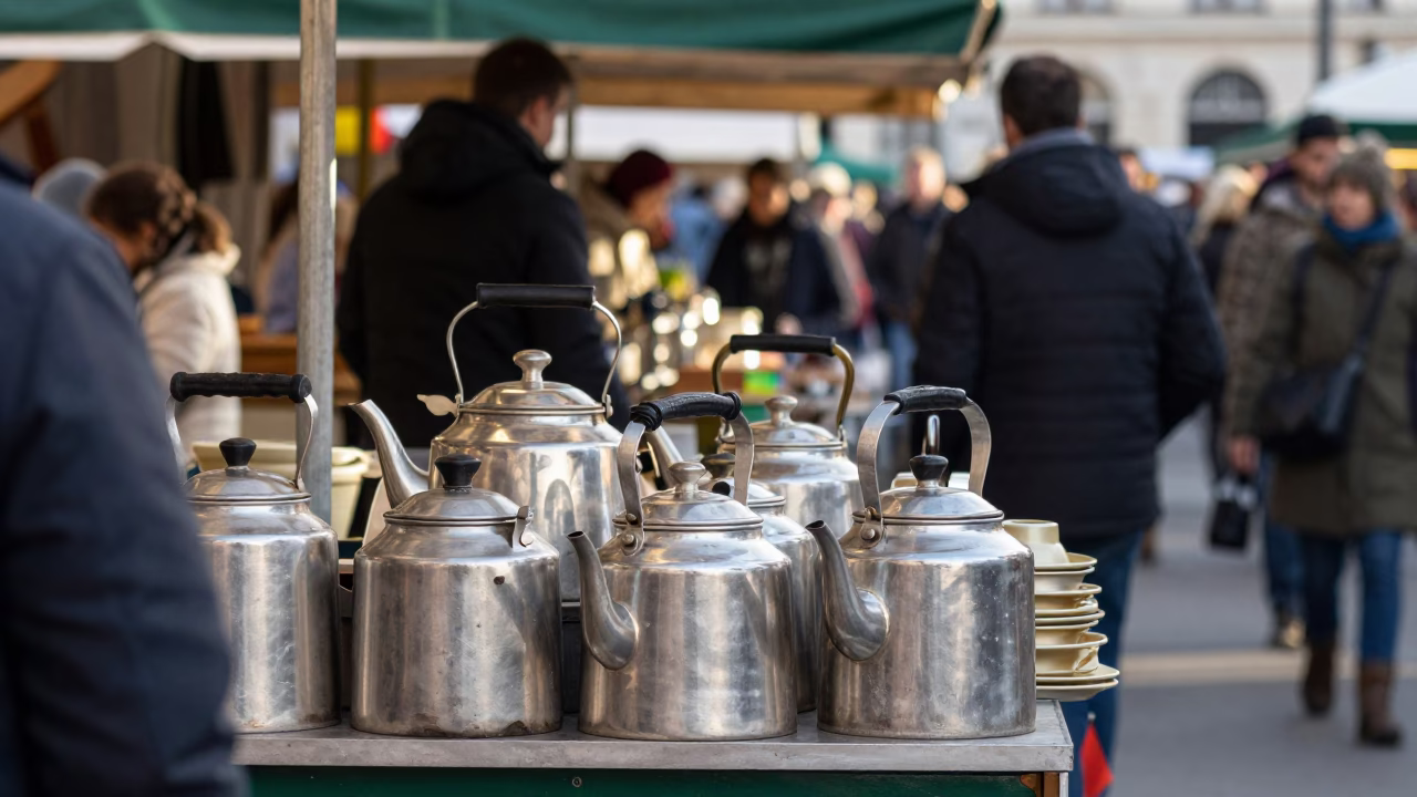 Busy Vienna Market Stall Morning with Tea Kettles and Fresh Melons in in Vienna, Austria