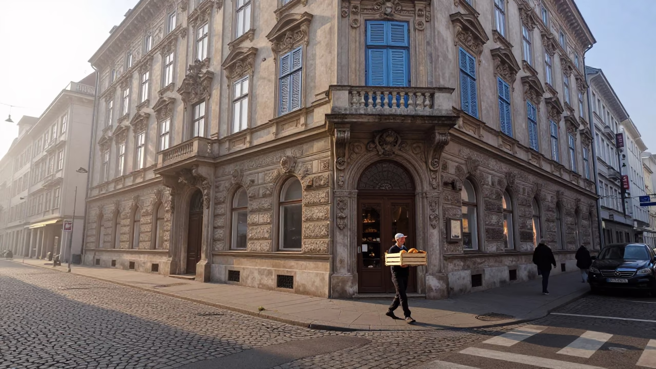Busy Vienna street corner at first light dawn with historic architecture and daily life in in Vienna, Austria