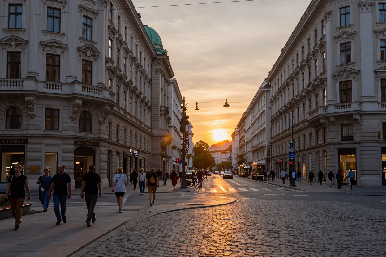 Busy Vienna Street Corner at Sunset with Tourists and Classic Architecture in in Vienna, Austria