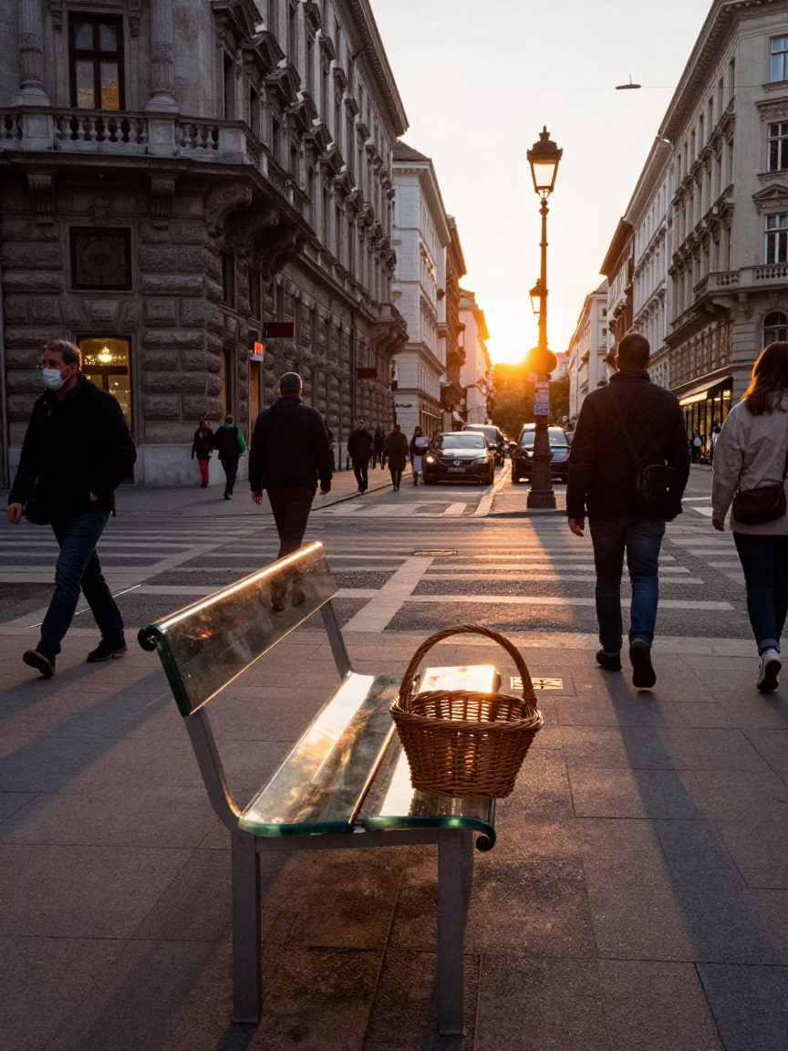 Busy Vienna Street Corner at Sunset with Wicker Basket and Glass Bench in in Vienna, Austria