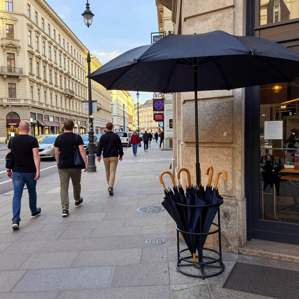 Busy Vienna Street Corner Early Afternoon Life with Umbrella Stand and Drying Rack in in Vienna, Austria