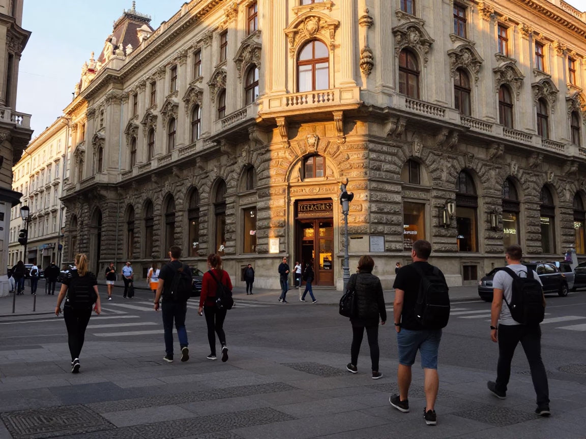 Busy Vienna street corner late afternoon with tourists and historic architecture in in Vienna, Austria
