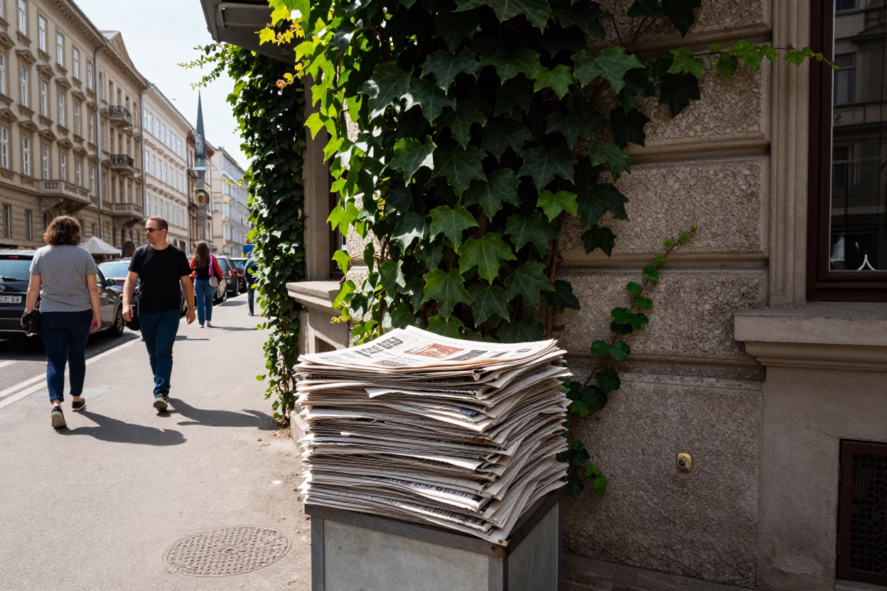 Busy Vienna Street Corner Midday with Newspaper Stack and Ivy Vines on Historic Building in in Vienna, Austria