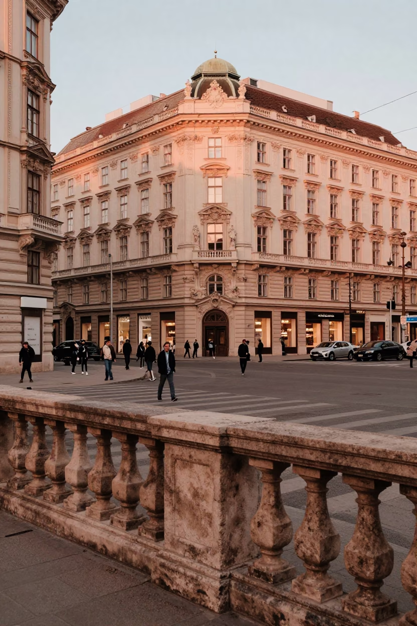 Busy Vienna street corner with historic architecture and pedestrians in copper dusk light in in Vienna, Austria