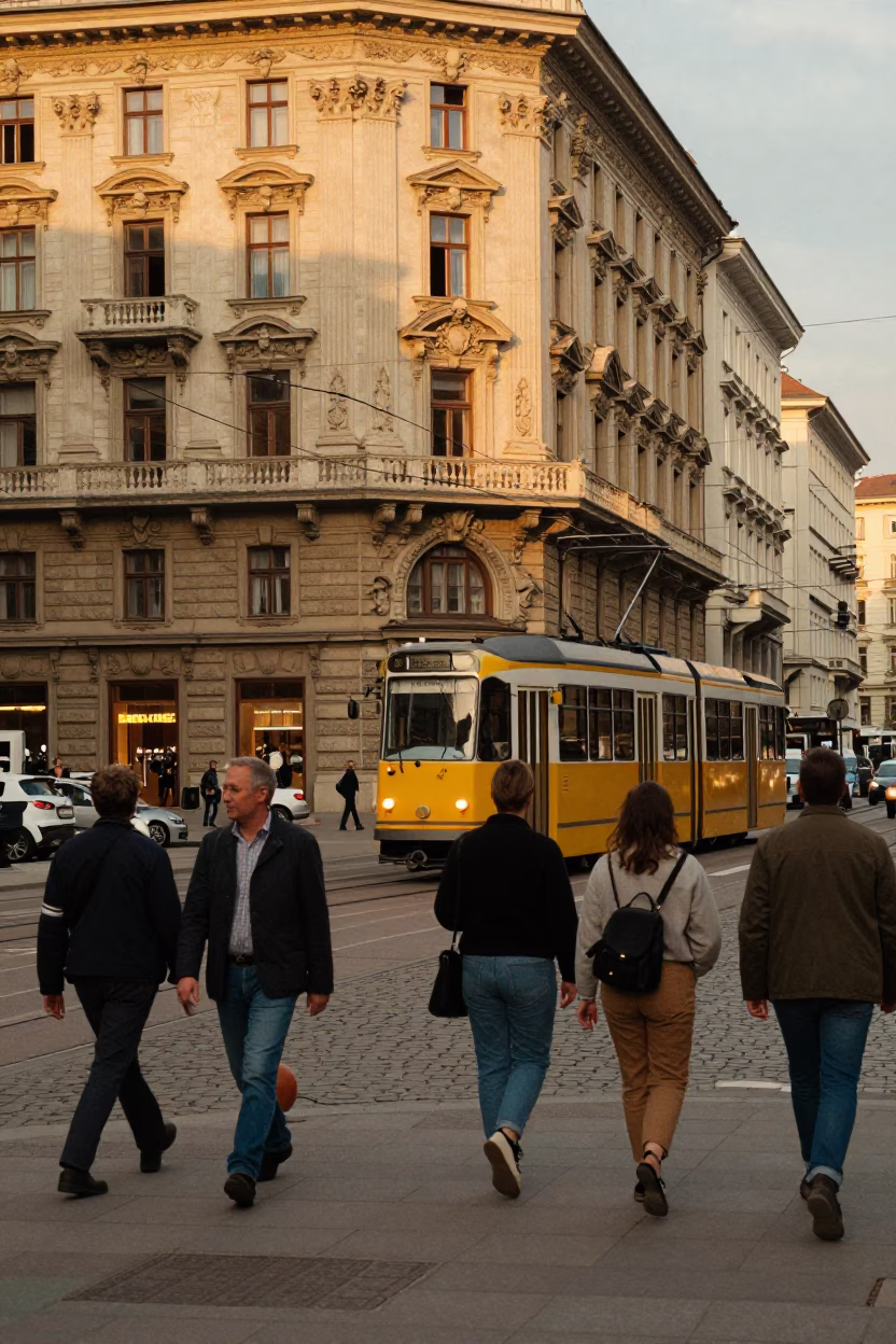 Busy Vienna Street Corner with Tram and Pedestrians in Honeyed Evening Light in in Vienna, Austria