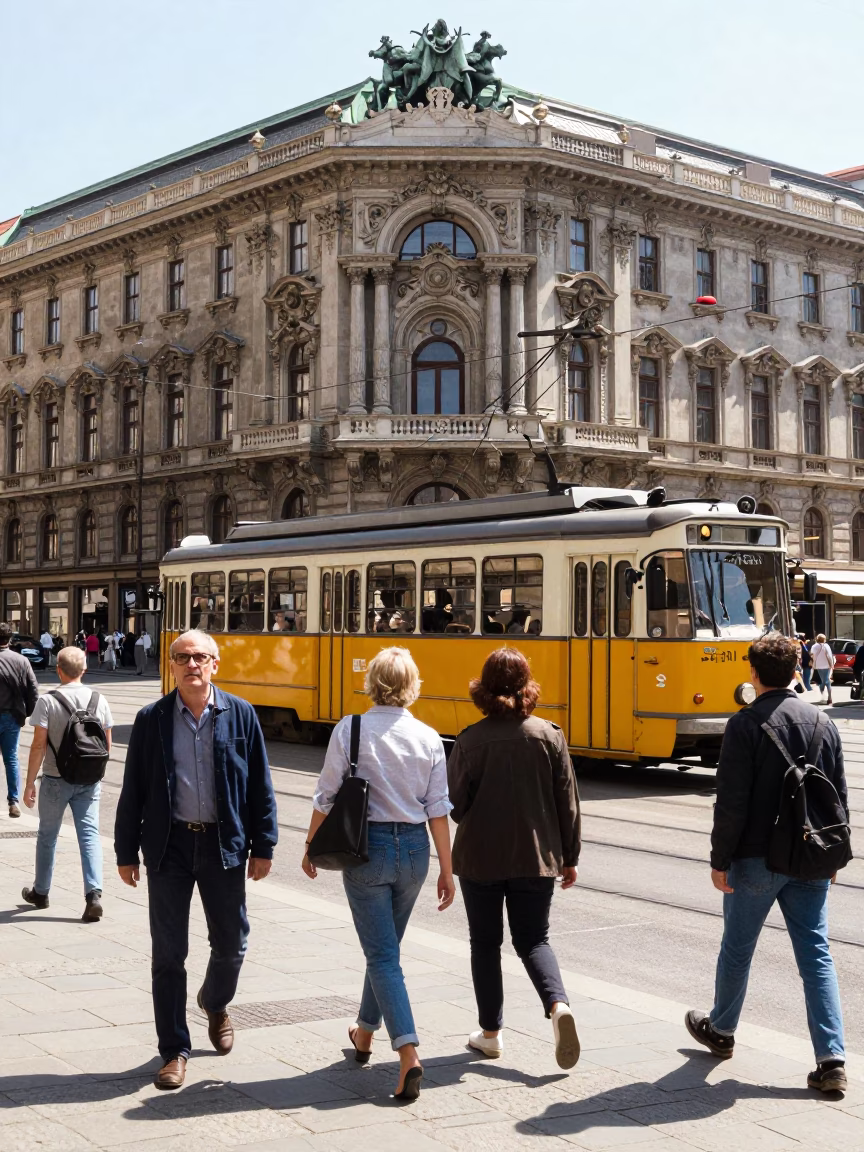 Busy Vienna Street Midday Scene with Art Nouveau Tram and Brass Details in in Vienna, Austria