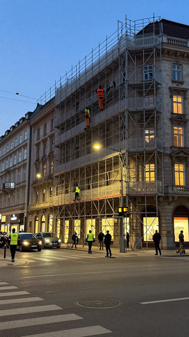 Busy Vienna street scene at dusk with scaffolding workers and local architecture in in Vienna, Austria
