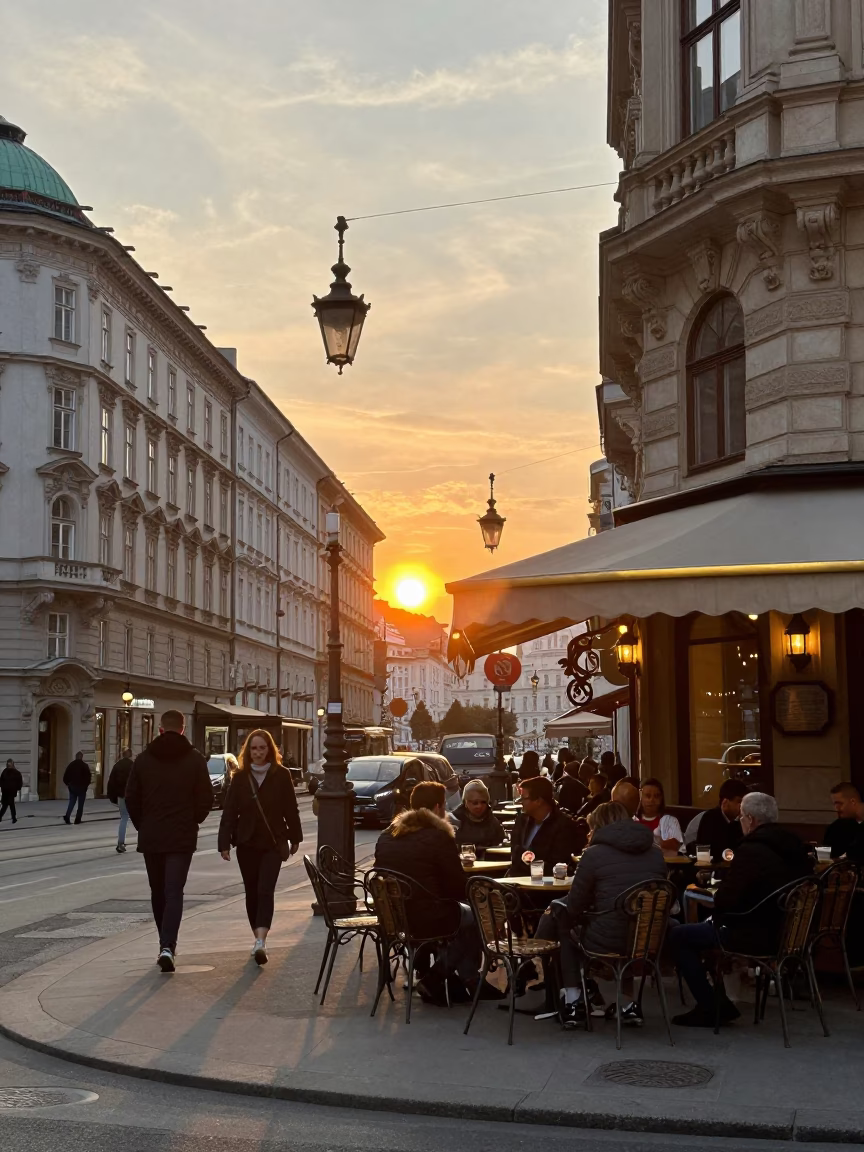 Busy Vienna Street Scene at Sunset with Traditional Cafe and Pedestrians in in Vienna, Austria
